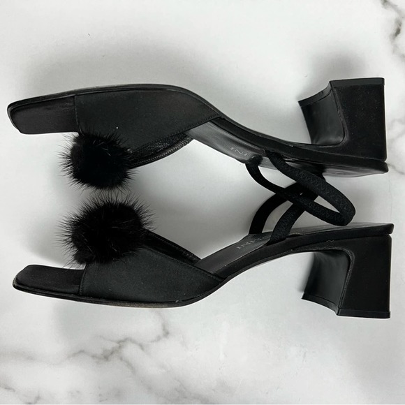 Vintage Enzo Angiolini Fuzzy Pom Pom Black Chunky Slingback Heels Size 8 - Picture 5 of 9